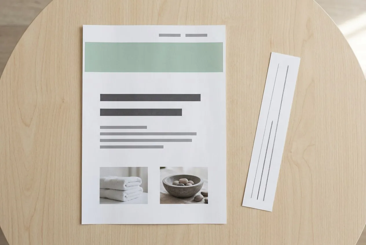 A printed spa homepage on a pale table, a large heading over short grey lines of body text, beside a strip of paper ruled with three pencil lines of different thicknesses
