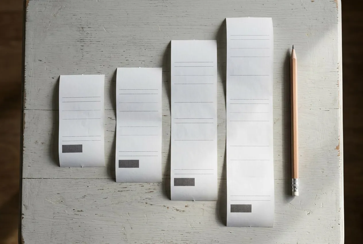 Four paper receipts of different lengths laid in a row on a pale table, one for each kind of site, with a pencil beside them