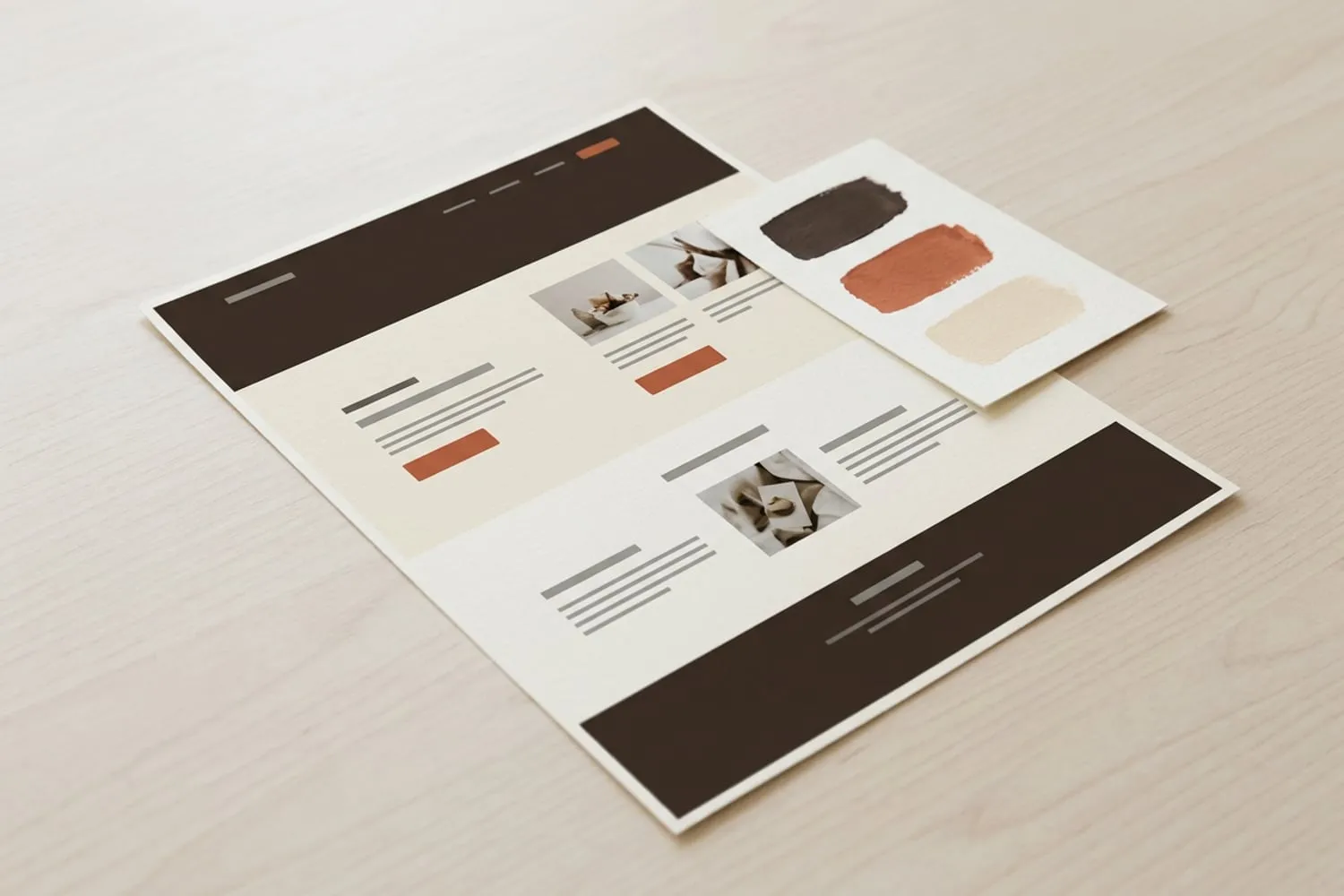 A printed homepage in cream and dark brown with a single terracotta button, and a small palette card with three swatches lying across its corner