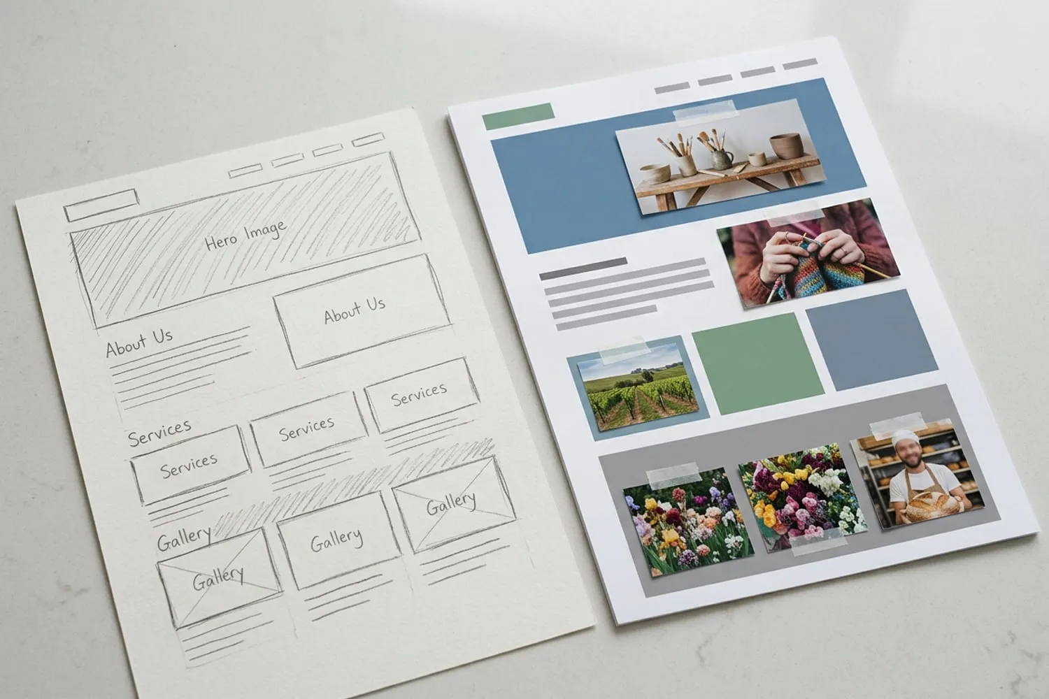 A printed demo homepage beside a pencil sketch of the same page, its photo boxes filled with the owner’s own snapshots taped in place, on a pale table
