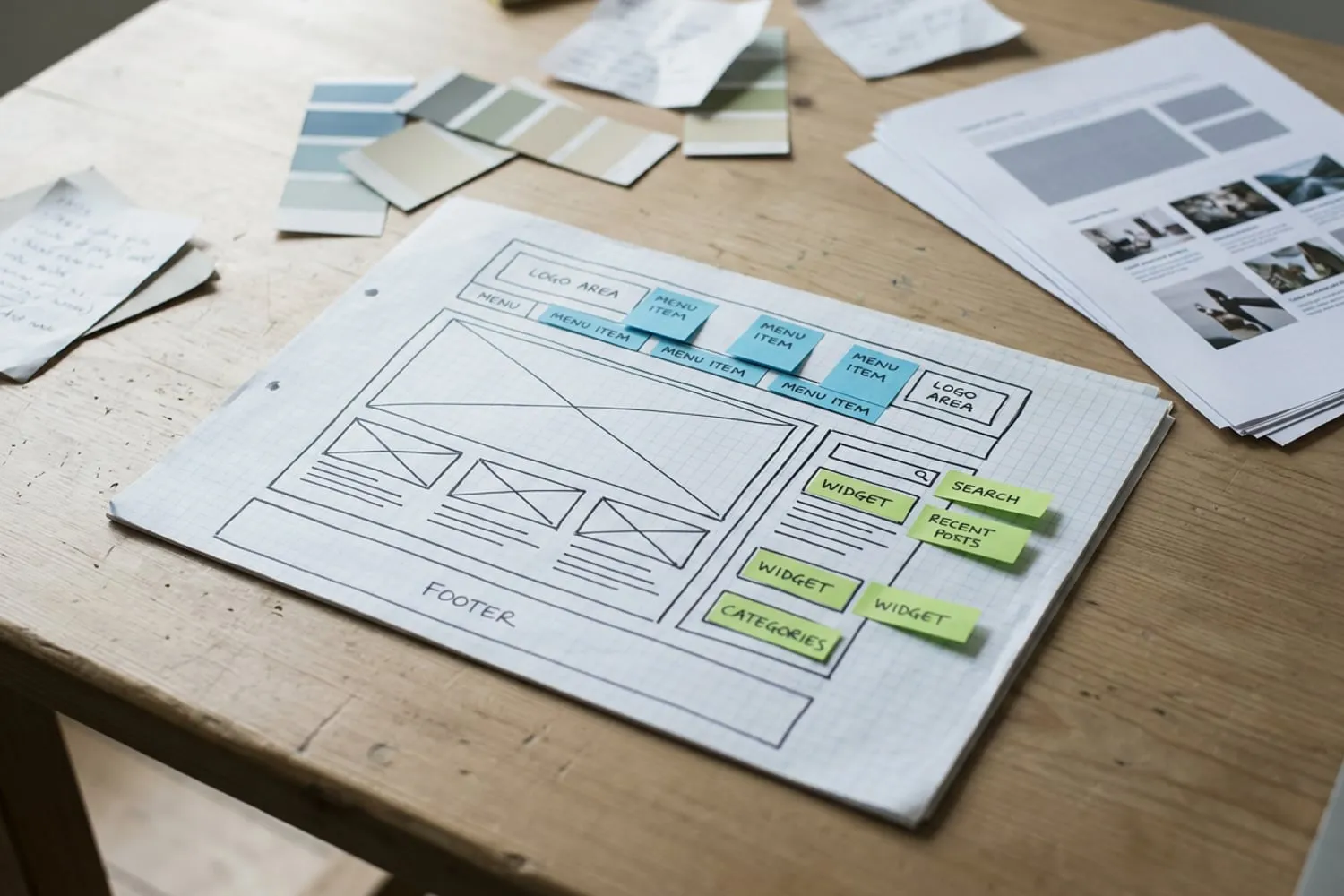 A hand-drawn wireframe of a website header, sidebar and footer on graph paper, with colored sticky notes marking where the menu and the widgets go