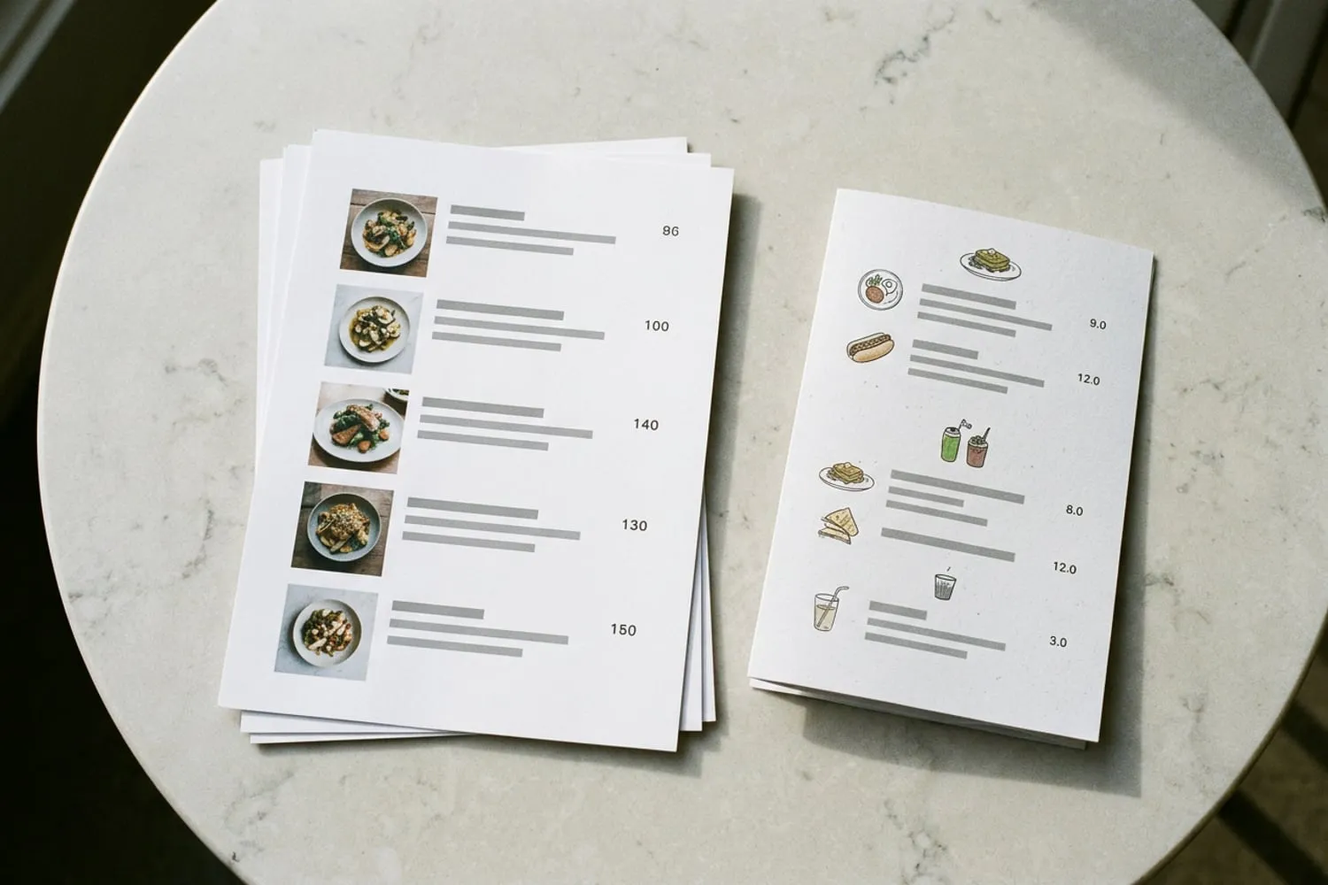 A restaurant’s menu page printed from its website, dishes and prices in a single column, beside a folded paper menu on a pale table
