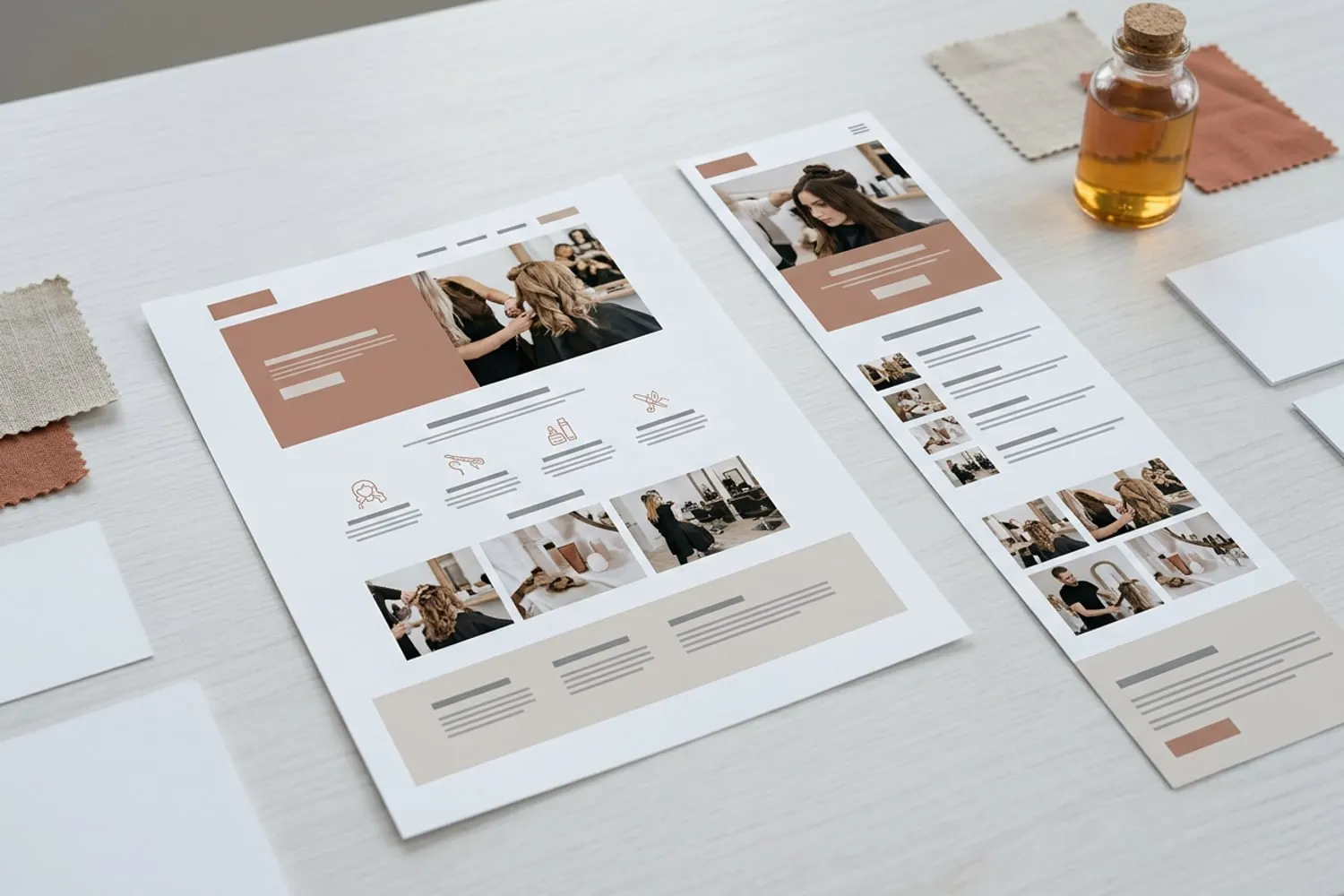 The same salon homepage printed twice on a pale table, once at full width and once as a narrow phone-width strip with its sections stacked into one column
