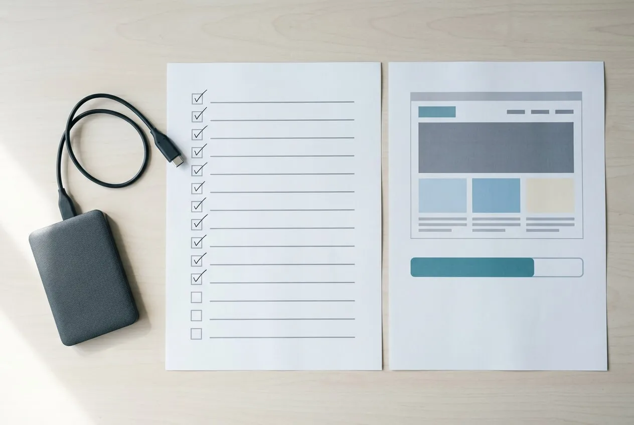 An external hard drive and its cable beside a printed checklist with ticked boxes and a printed page showing a progress bar, on a pale table