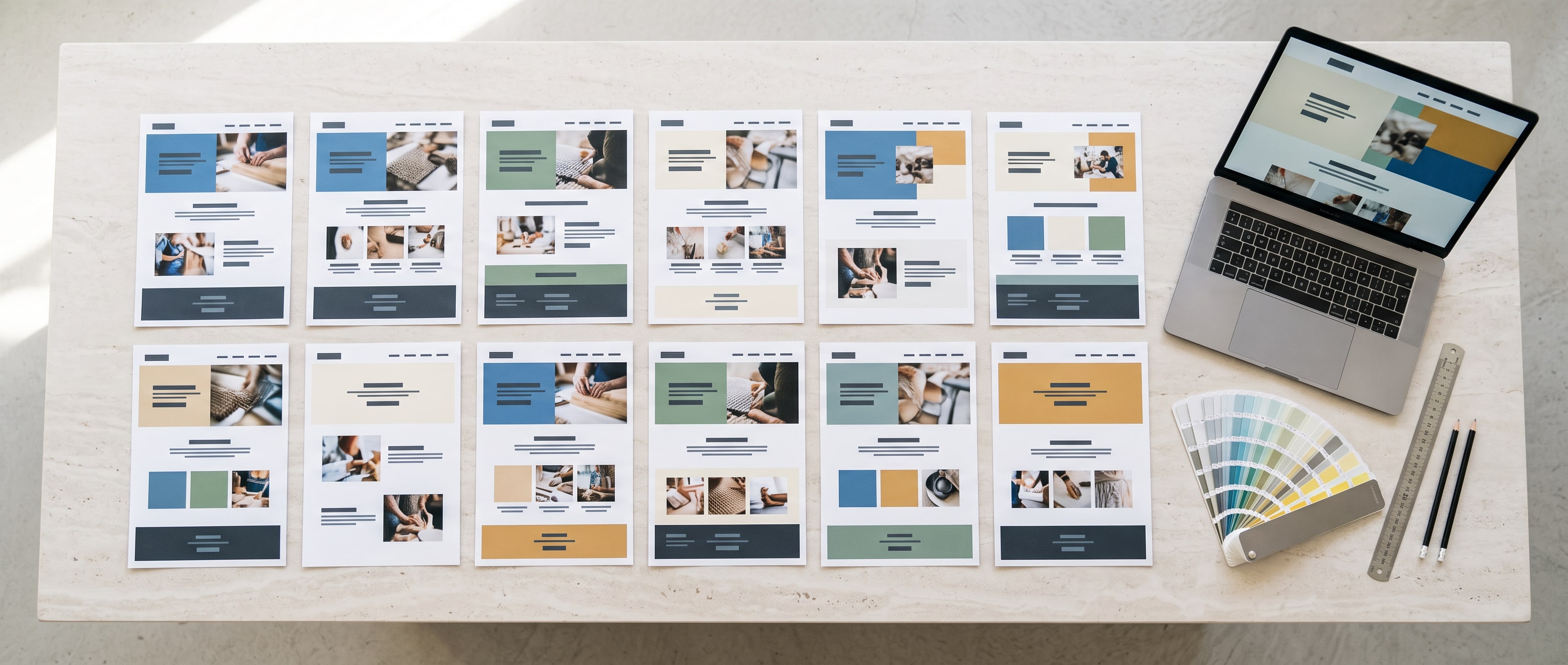 A long pale worktable with printed website pages, colour swatches, a ruler and an open laptop laid out in rows