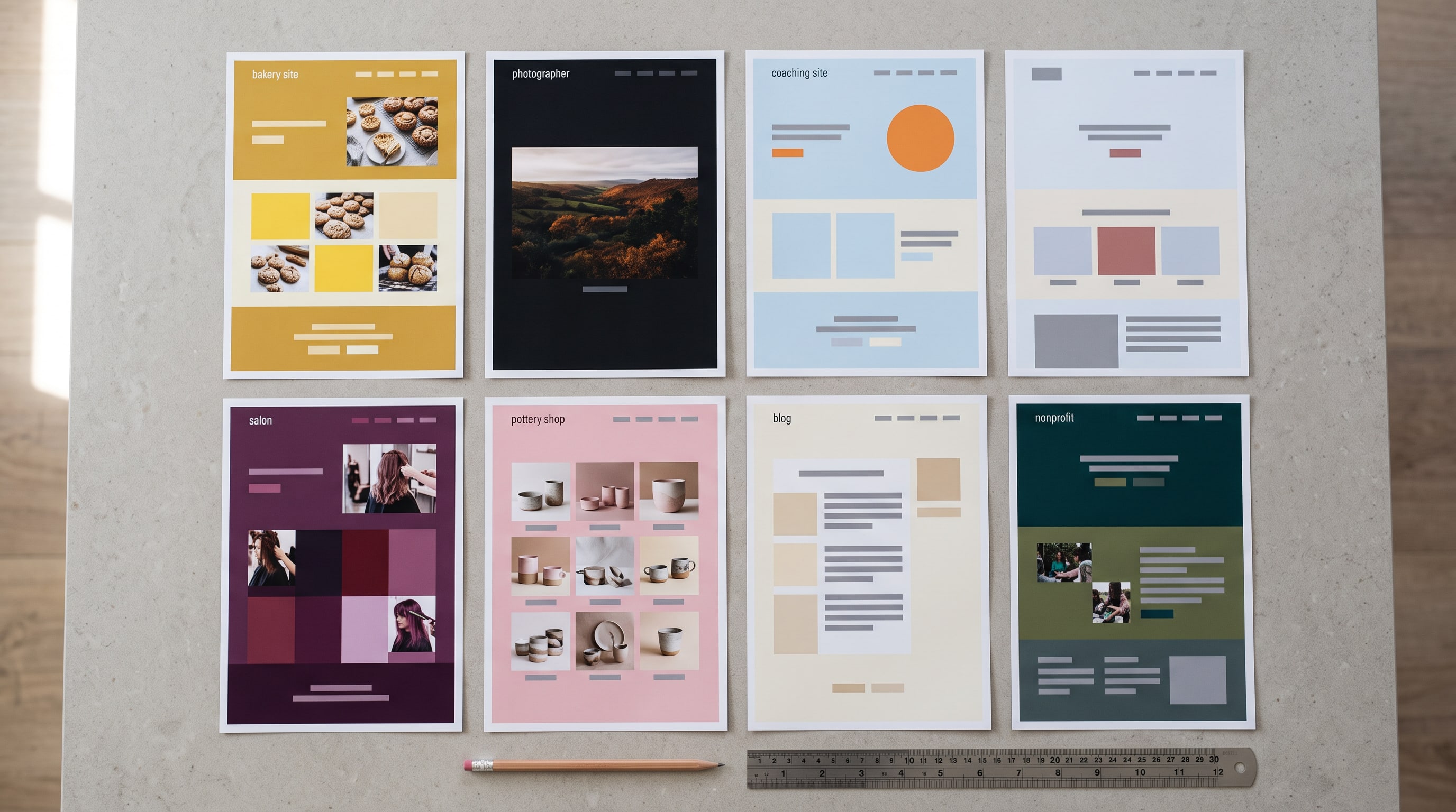 Eight printed website homepages laid out in two rows on a pale stone table, each in its own colours, with a pencil and a steel ruler below them
