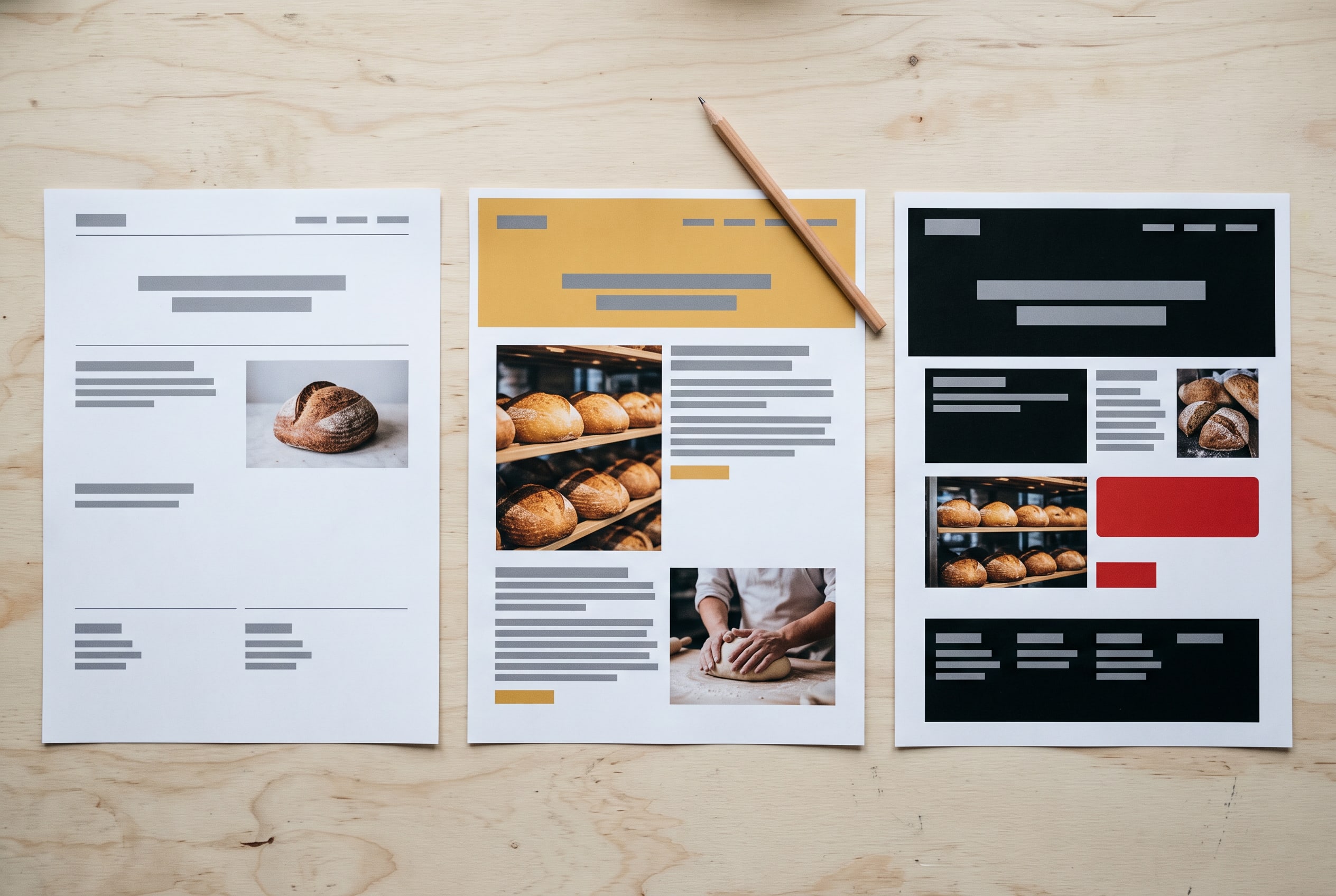 Three versions of the same bakery homepage printed and laid side by side on a wooden desk: one white and spare, one warm with big photographs, one with bold black type