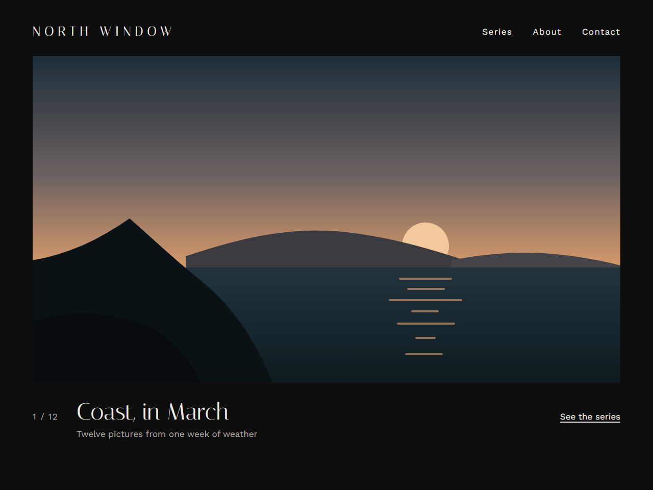Plate 3: a photographer’s homepage, near-black, the name small in spaced capitals and one wide picture of a coast at dusk filling the page