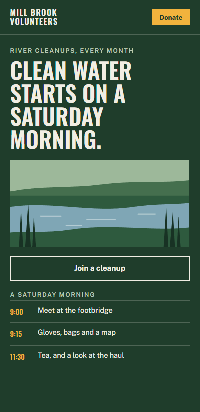 Plate 7: a volunteer group’s homepage on a phone in deep green, a Donate button in the header, tall capitals saying what a Saturday cleanup is, a drawn river and the morning’s timetable