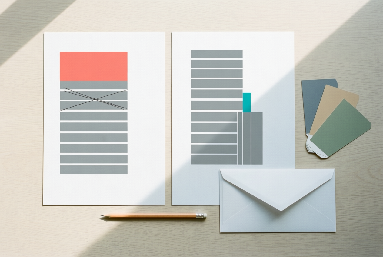 Top view of a desk with two papers showing bar charts, a pencil, envelope, and paint swatches.