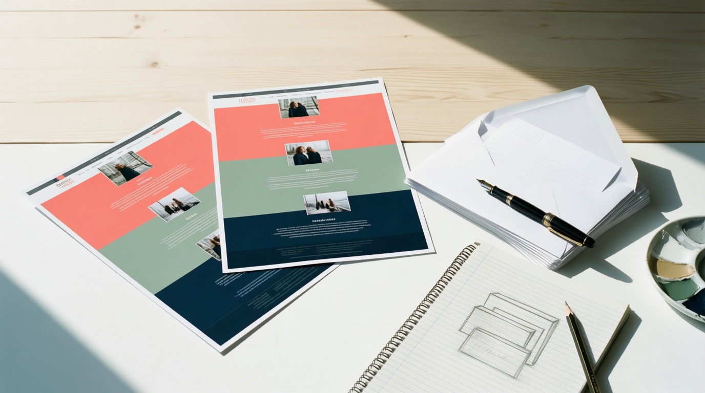 A top-down view of a pale wood table with coral, sage, and navy layout pages, envelopes, and a fountain pen.