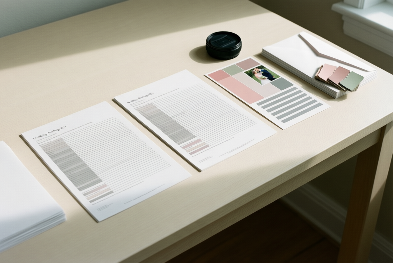 A flat lay of a wedding photographer's workspace featuring contracts, design proofs, lens cap, and color swatches on a pale wood desk.