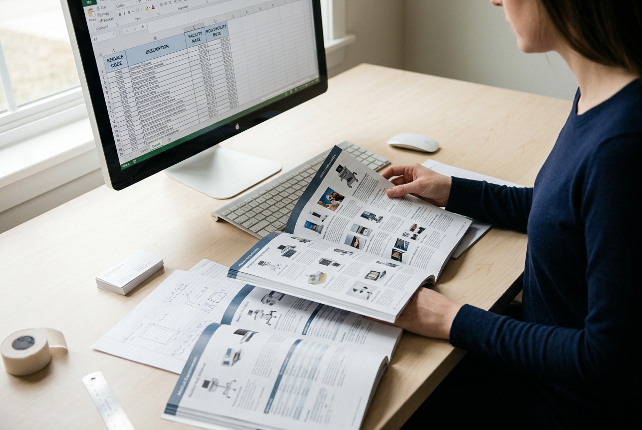 A woman reviews printed medical catalogs next to a computer showing payment tables on a pale wood desk.