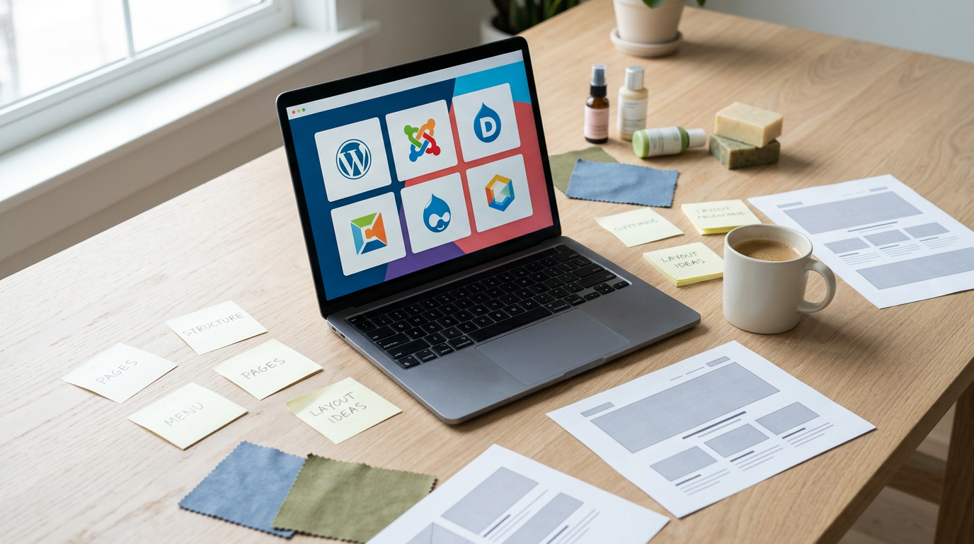 Laptop on wooden desk showing CMS logos, surrounded by sticky notes and a coffee mug.