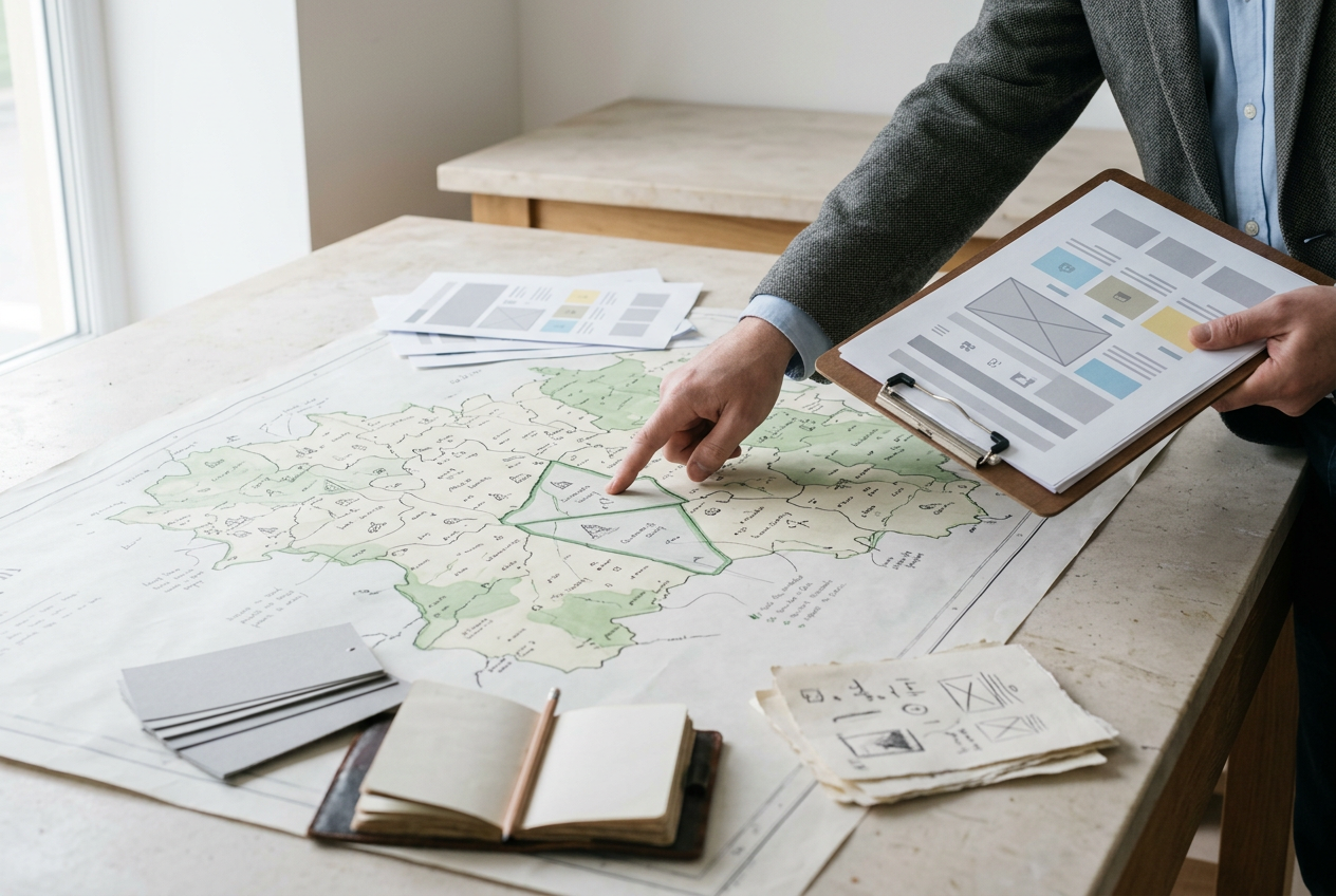 A broker points to rural counties on a wall map while holding a clipboard.