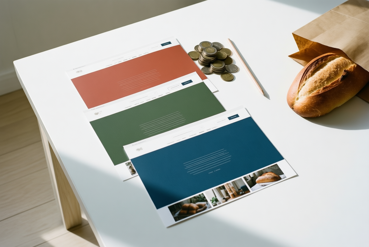 Flat lay of pricing sheets, coins, and a sourdough loaf on a white table.