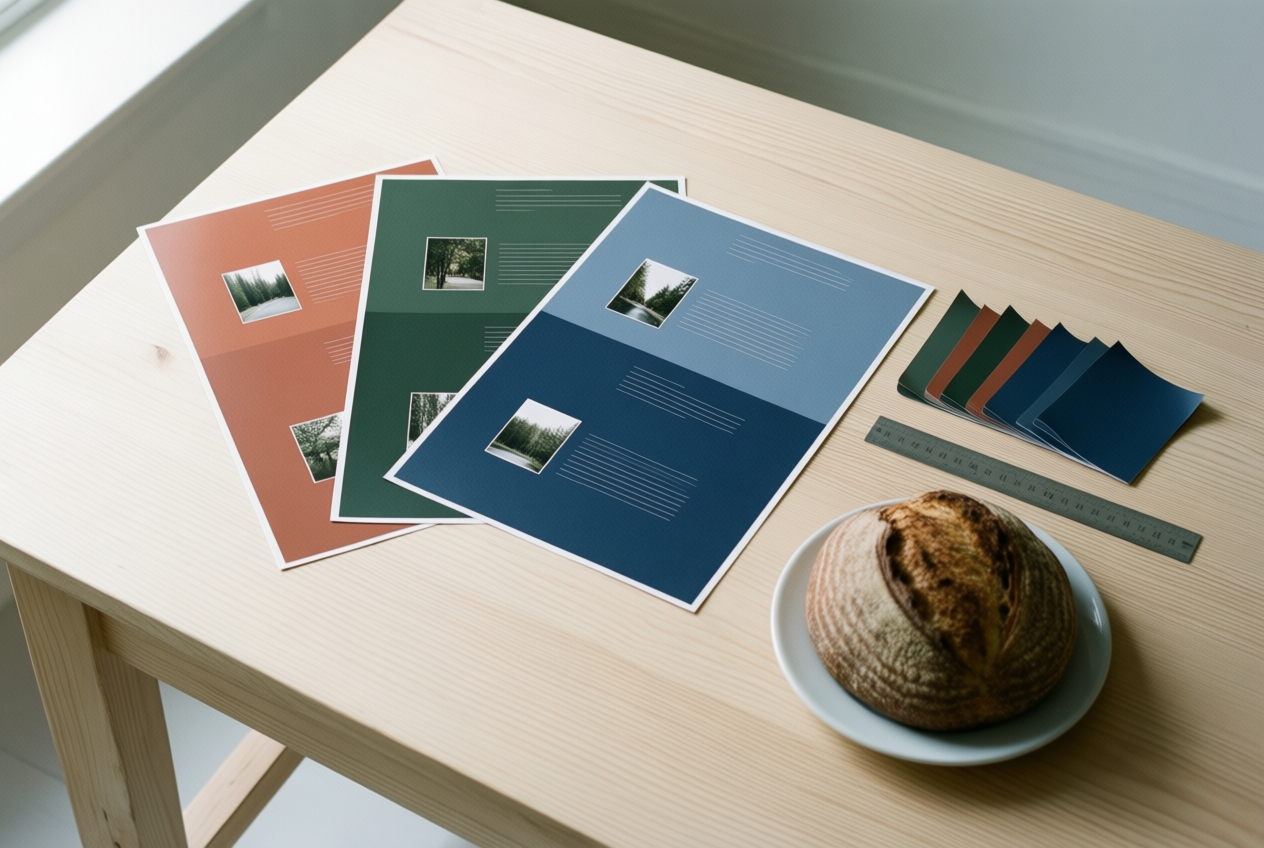 Flat lay of website layouts, color swatches, ruler, and bread on a wooden table.