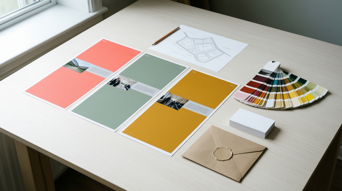 Layout designs in coral, sage and mustard sit on a white table with swatches and sketches.