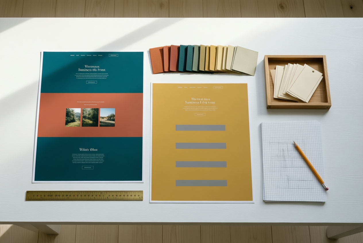 Overhead view of a designer's desk with color-blocked website proofs, fabric swatches, and stationery on a white table.