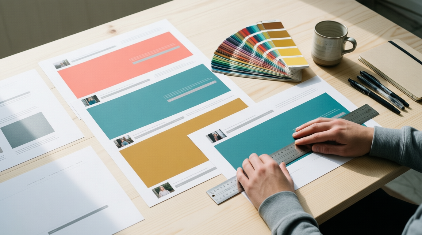 Overhead view of a pale wooden table with printed website layouts, color swatches, and hands holding a ruler.