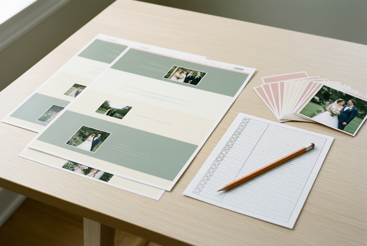 A top-down view of a pale wood table with color-blocked website proofs, a checked list, pencil, and wedding photo prints.