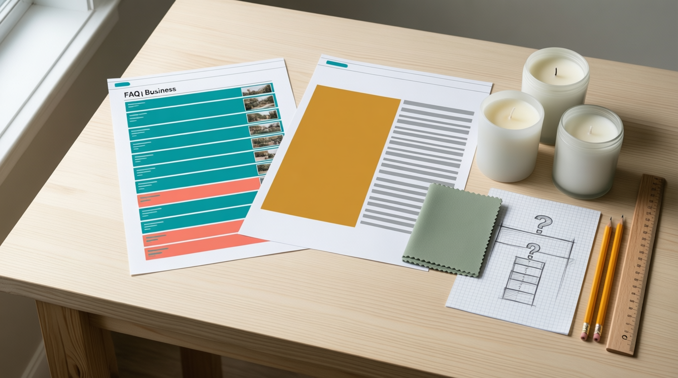 Overhead view of a workbench with website layout prints, candles, and design tools arranged for business planning.