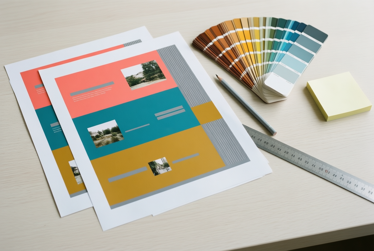 Overhead view of a desk with website mockups, paint swatches, and stationery.