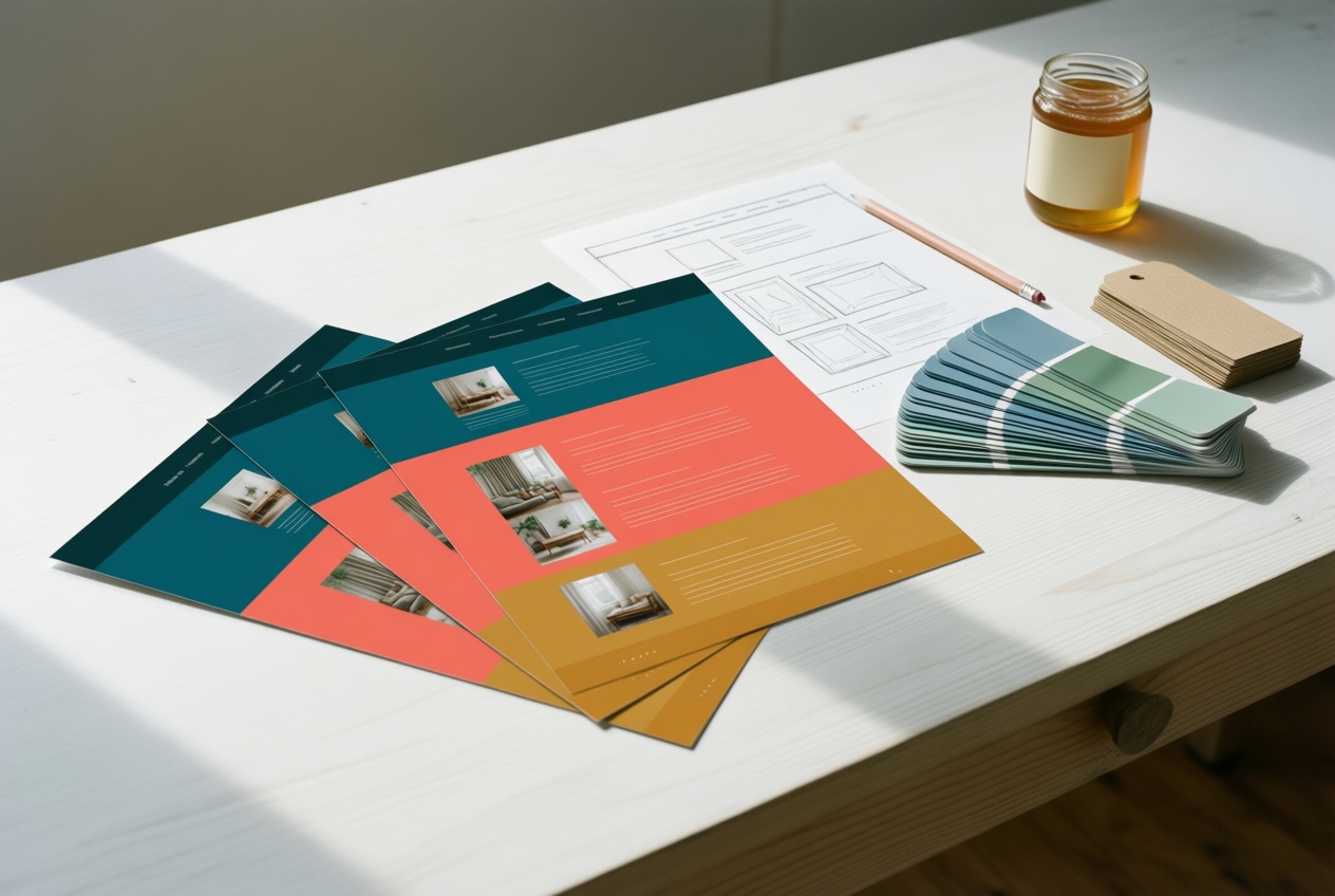 Mockups and design tools like swatches, sketches, and honey on a white table under soft light.