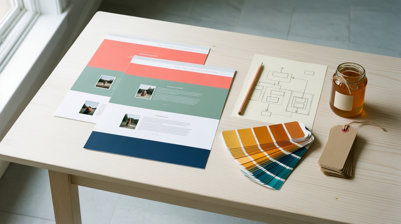 A top-down view of a worktable with website layouts, color swatches, and a honey jar.