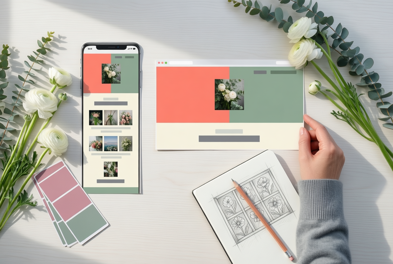 Overhead view of website layouts on a table with flowers, swatches, and a woman's hand.