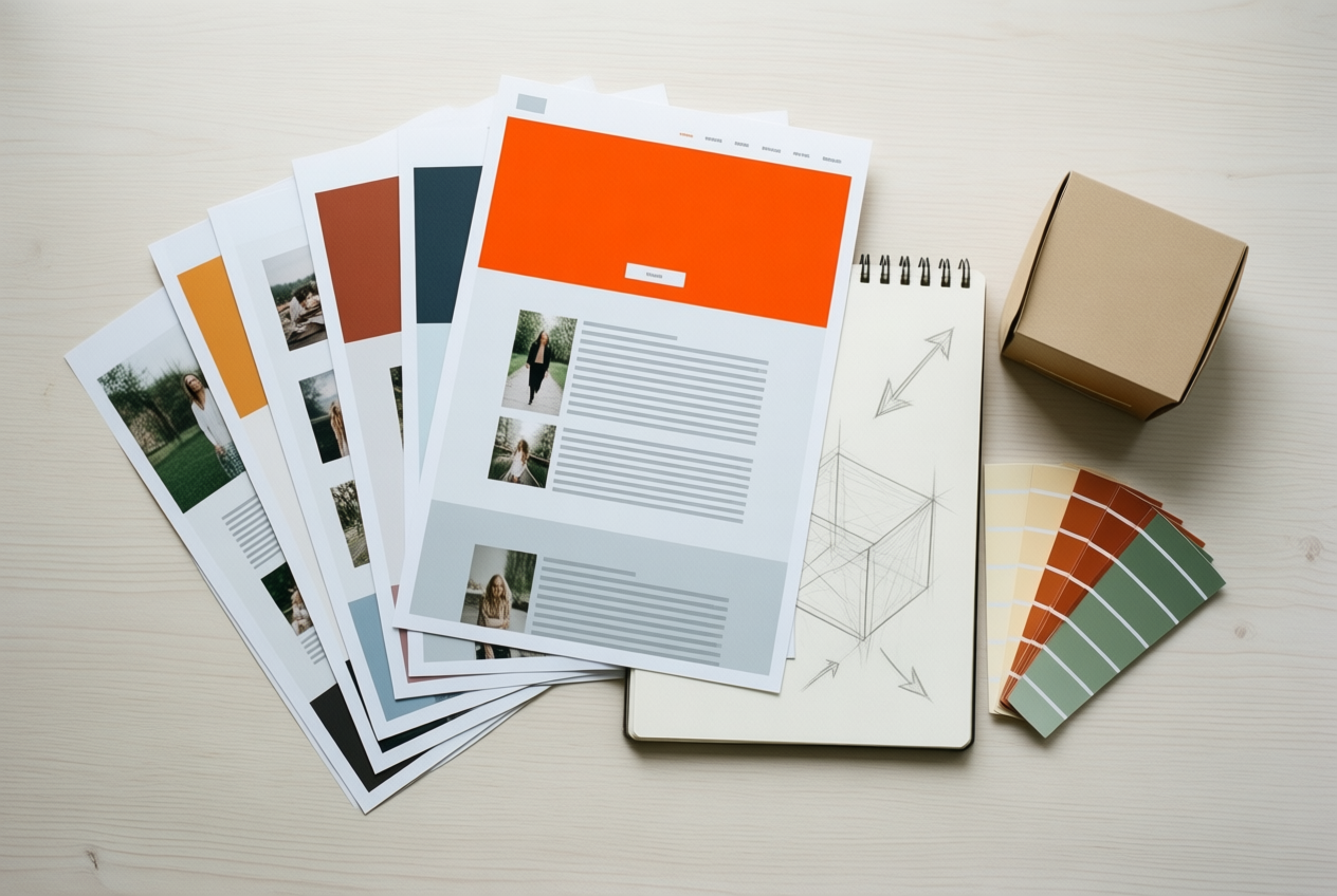 Flat lay of printed website layouts, a wireframe sketchbook, and color swatches on a pale wood table.