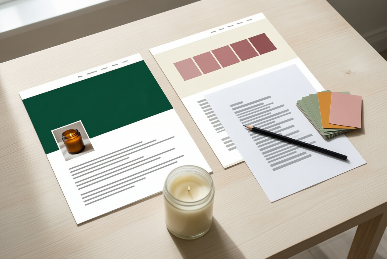 Top-down view of a wood table with website mockups, color swatches, and a candle.