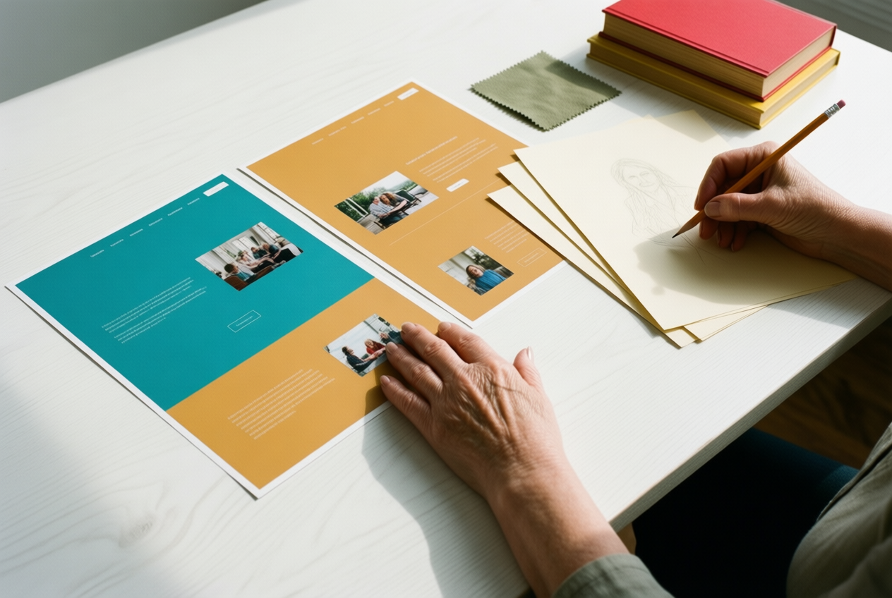 A top-down view of a teacher's hands working at a white table with teal and ochre design pages, sketches, and books.