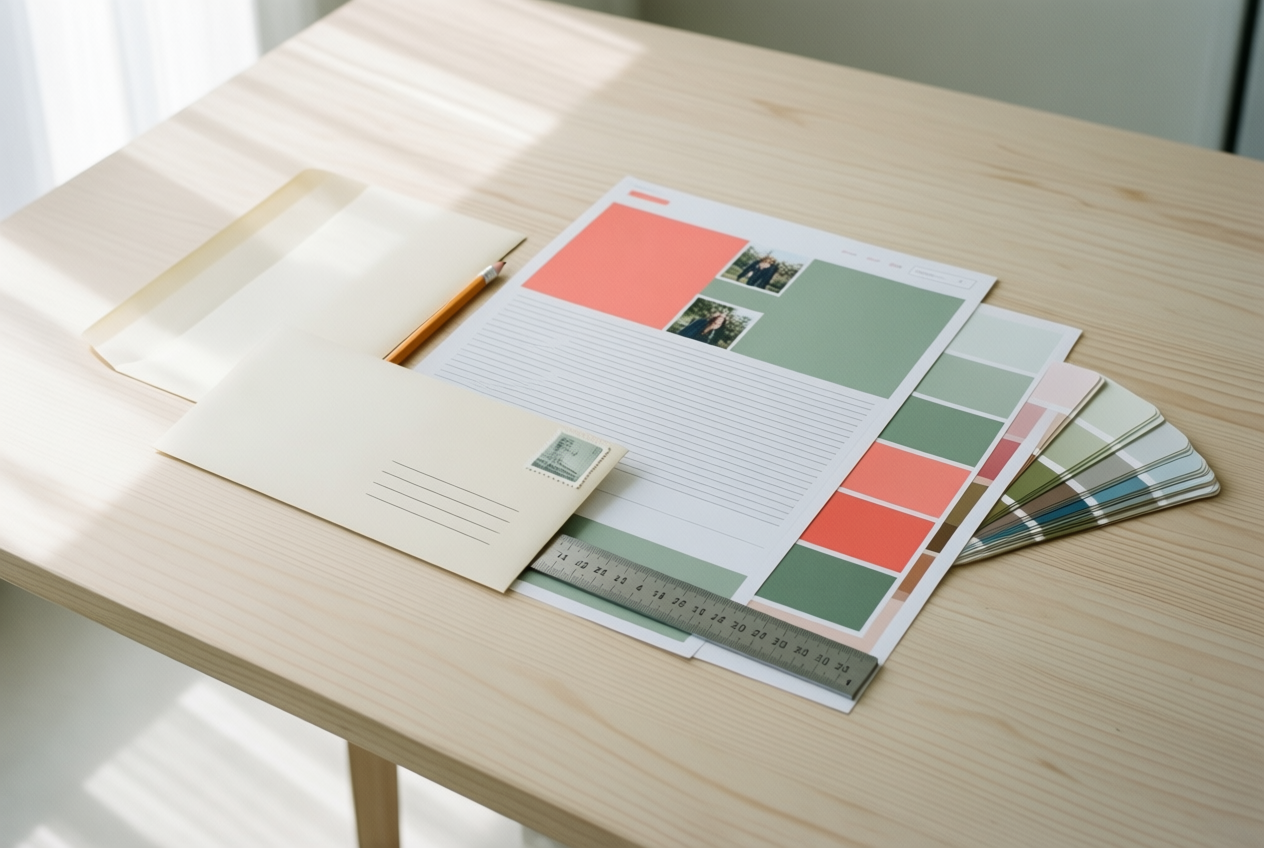 Top view of a wooden desk with design proofs, color swatches, an envelope, pencil and ruler.