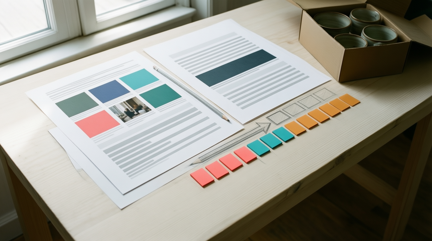 A top-down view of a worktable with website layout sketches, colored tabs, and ceramic mugs.